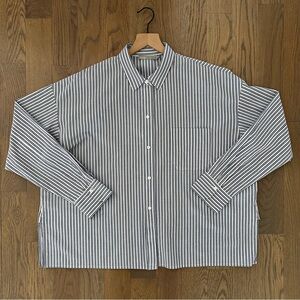 Vince Boxy Striped Shirt Button-Down Blouse Top in White, Blue, and Black Large